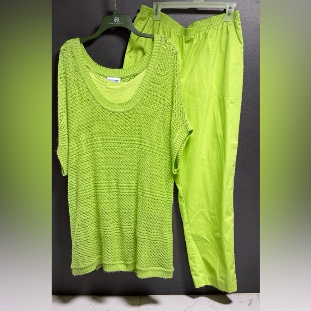 Blair 3 Pc. Bright Lime Green Open Knit Top-2XL,Tank Top-2XL, Pants 18